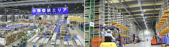 Inside the spare parts center in the Oyama Plant (Photo left), high-rise rack installed in the center (Photo right)